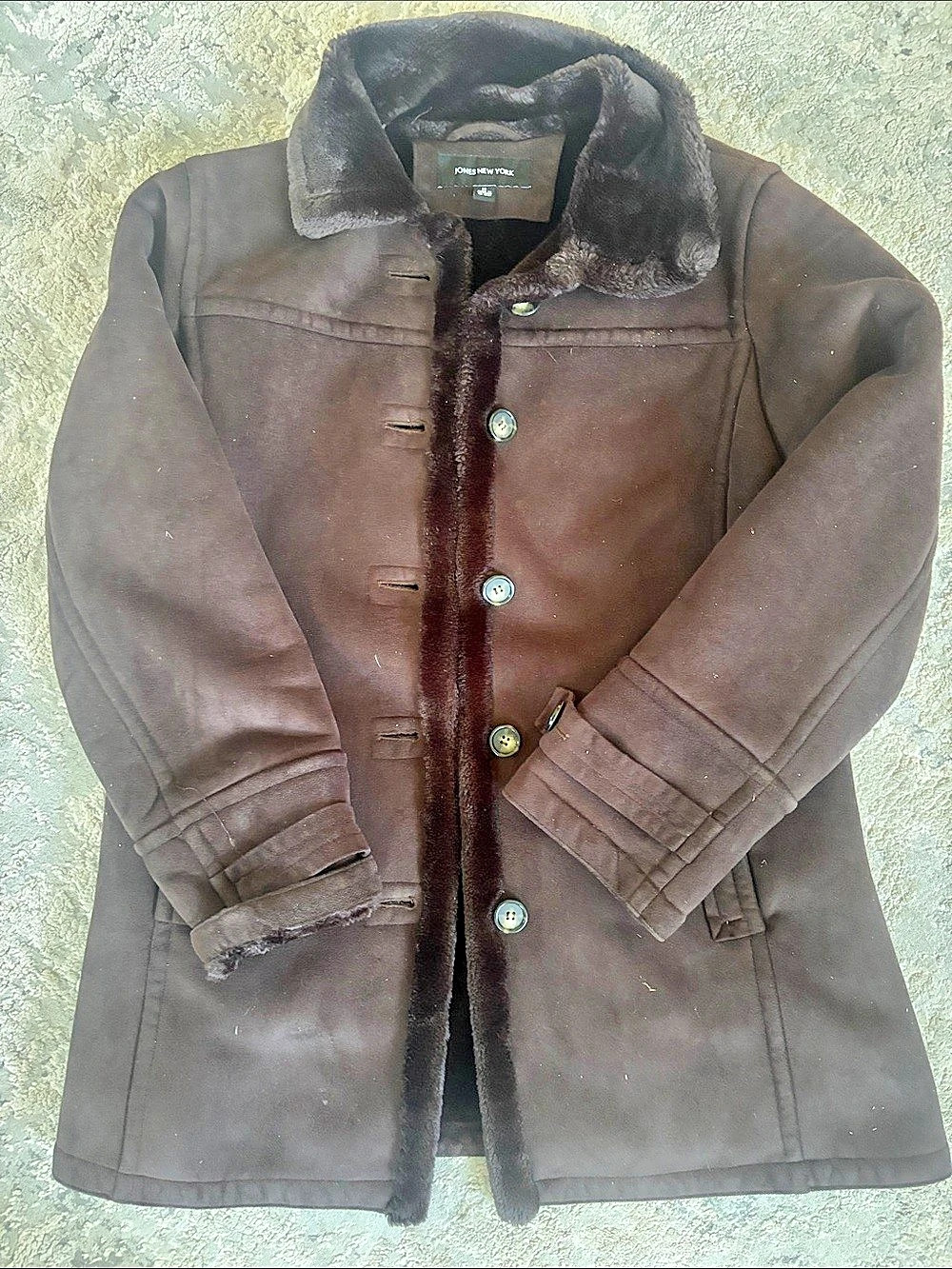 Jones New York Faux Fur Collar Coat Brown Size Medium